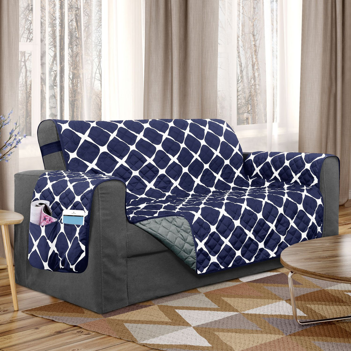 Reversible Quilted Furniture Protector - Navy Gray