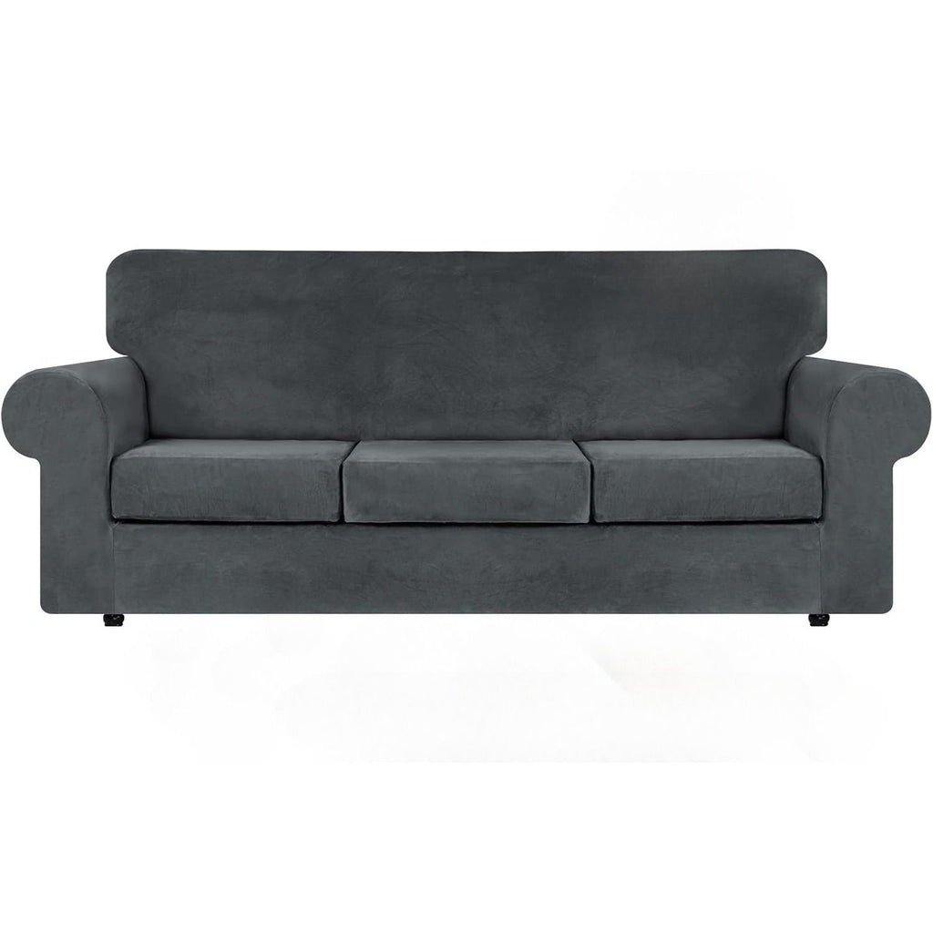 Ultra-Stretch 4-Piece Velvet Couch Cover - Dark Grey